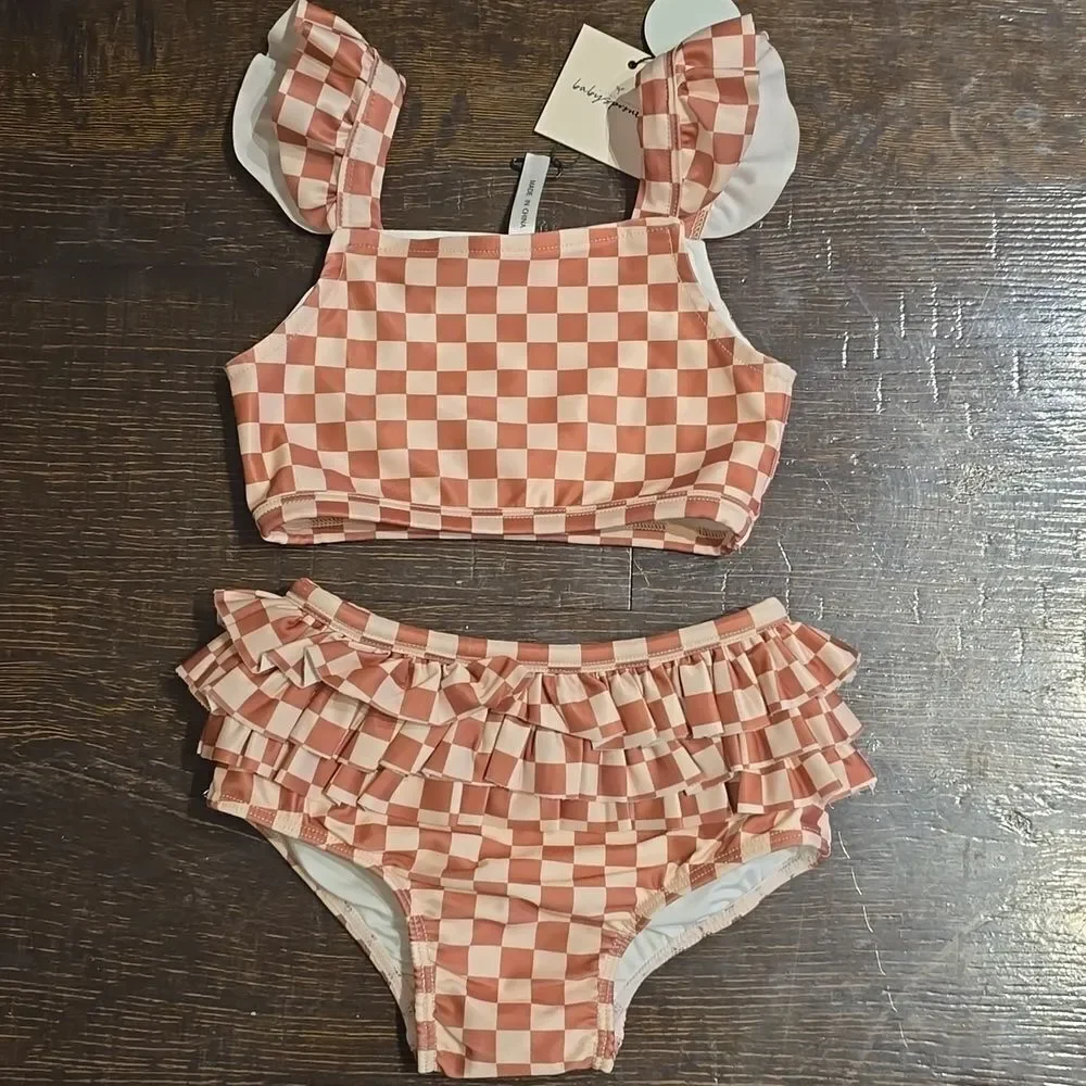 Baby Sprouts Strawberry Checkered 2-piece Ruffked Bikini Set